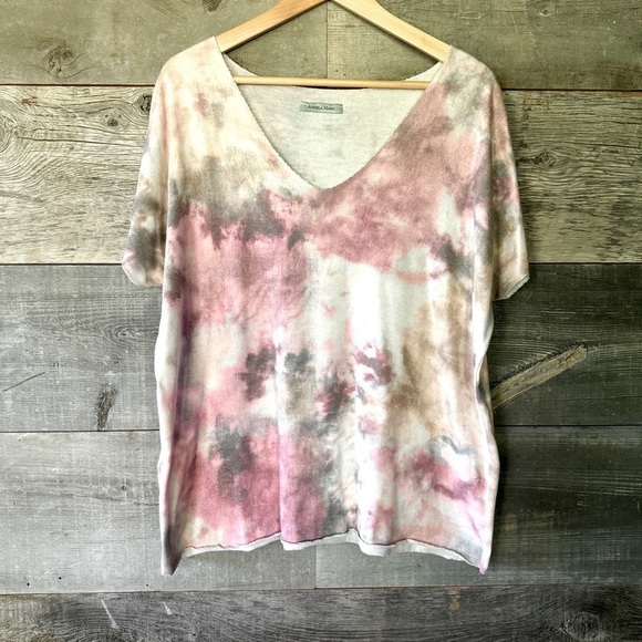 Angela Mara Made in Italy‎ Watercolor Tie Dye Top Silver Trim Lagenlook, Sz L - Picture 1 of 7